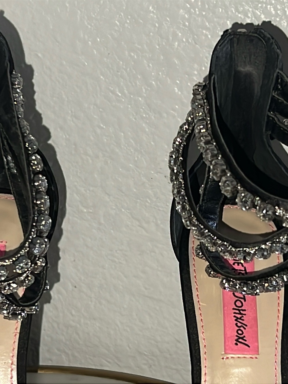 Betsy Johnson rhinestone black satin stiletto sandal ankle strap 7.5 - Picture 2 of 11